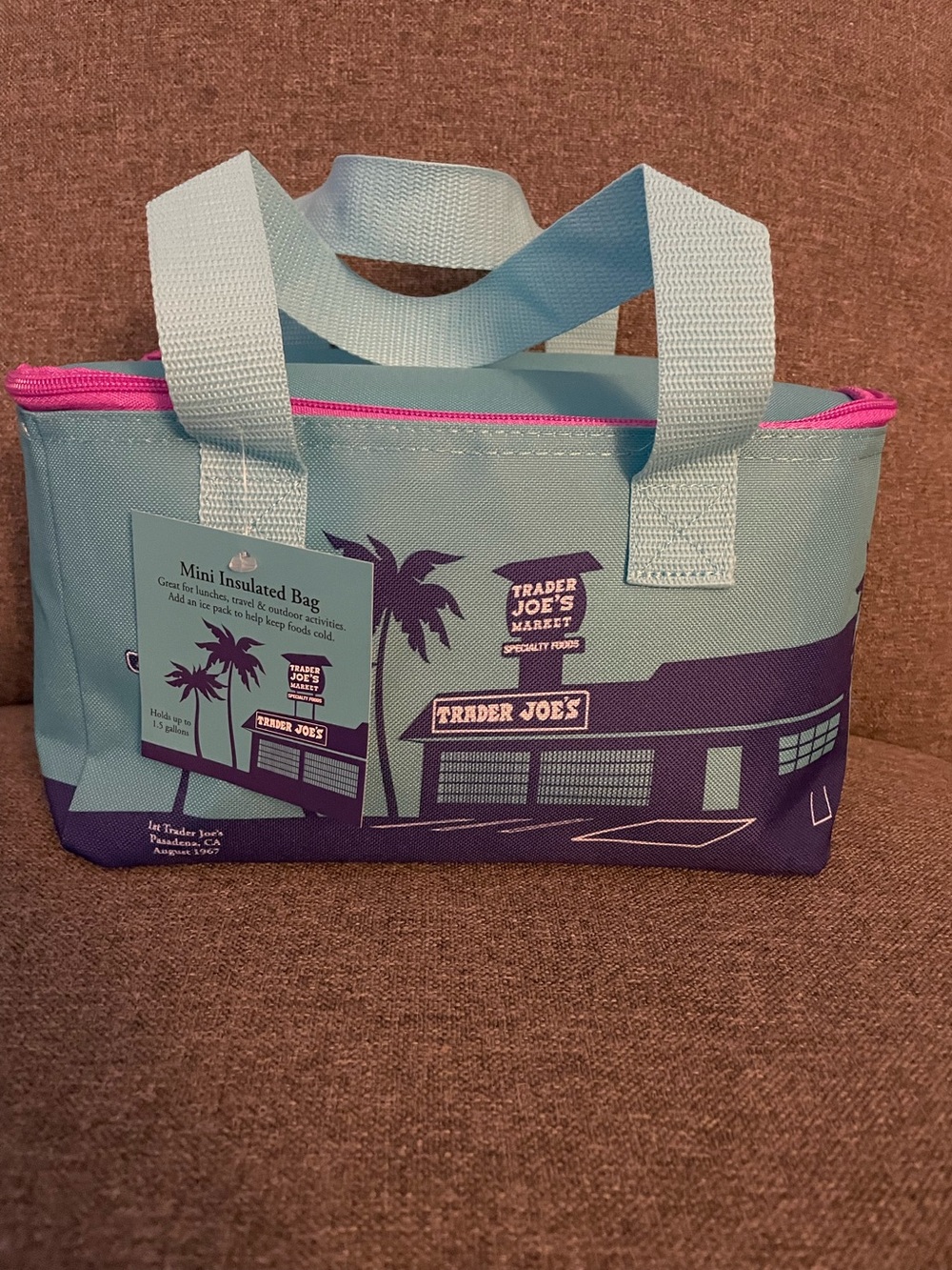 Trader Joe's Mini Insulated Tote Bag - Aqua Blue with Pink Trim